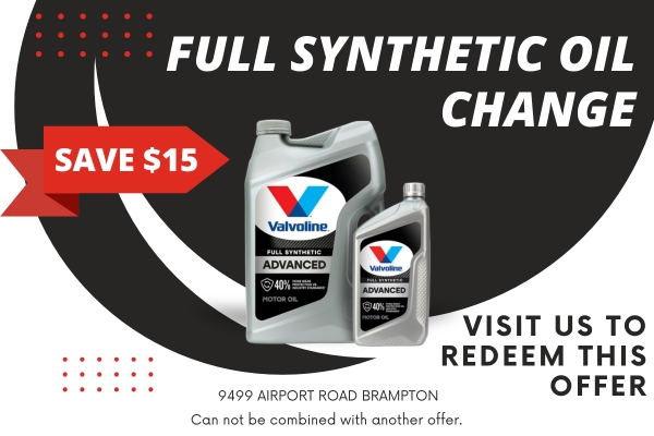 Valvoline full synthetic motor oil with a bold  savings banner; two oil bottles shown and offer to visit for redemption at 9499 Airport Road Brampton.