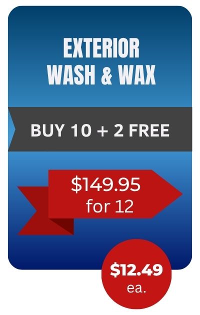 Blue gradient poster advertising Exterior Wash & Wax; dark banner reads Buy 10 + 2 Free; red ribbon shows 9.95 for 12 and a red circle shows .49 each.