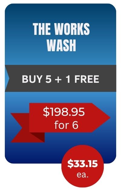 Promo card for The Works Wash: Buy 5 + 1 Free; 8.95 for 6; .15 each.