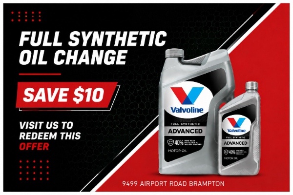 InNout - In N Out Car Wash Promotional banner for a full synthetic oil change with Valvoline products and a savings offer, at 9499 Airport Road Brampton.